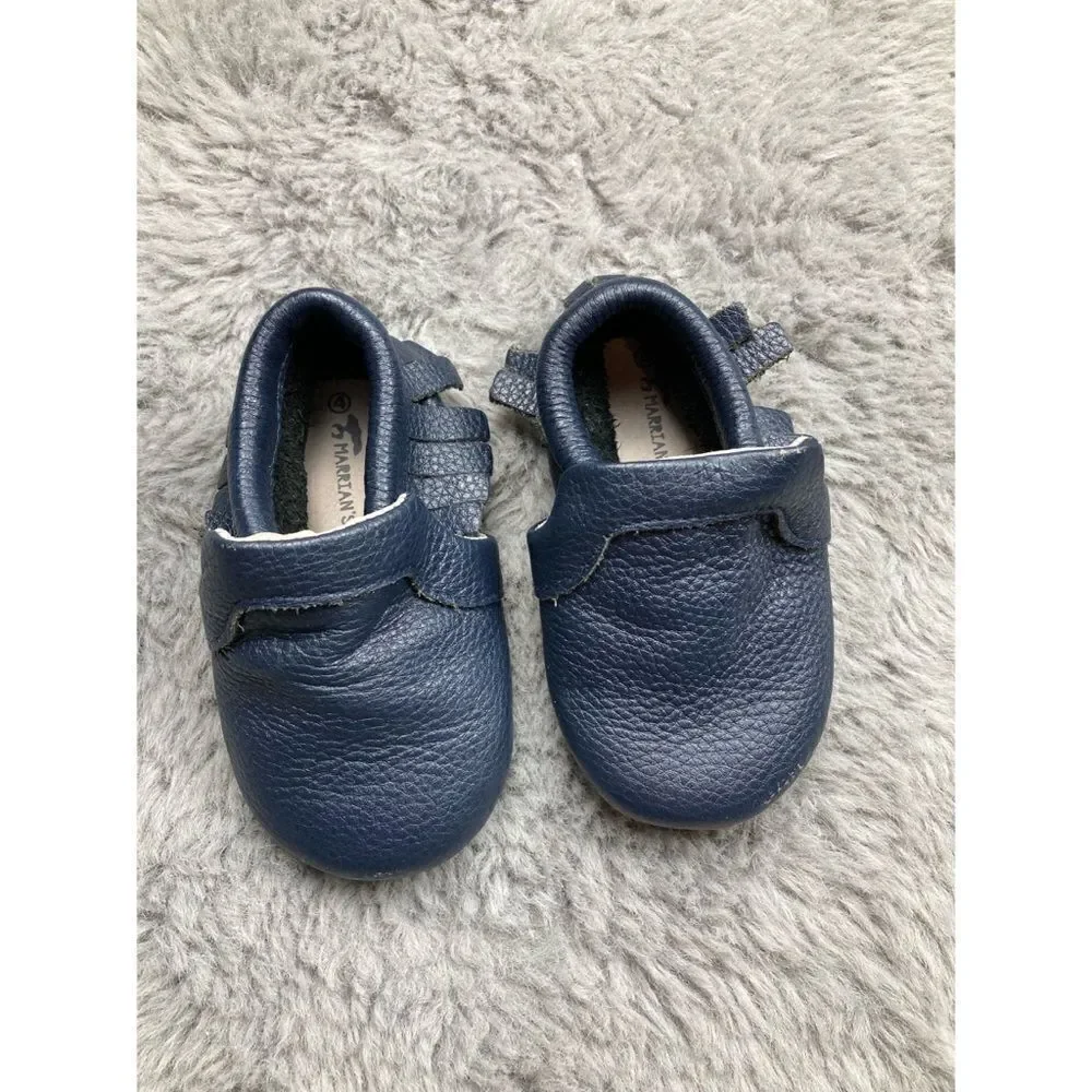 Marrians navy leather mini moccasins